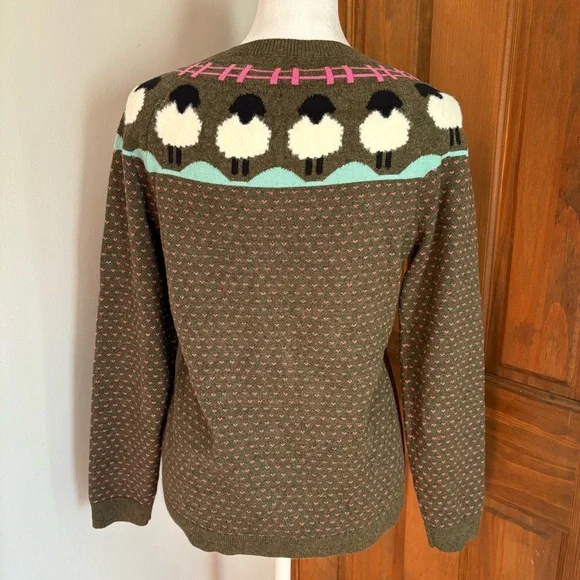 Talbots SP Small Petite Sweater Crewneck Cotton Brown Pink Hearts Novelty Lambs - Picture 3 of 6